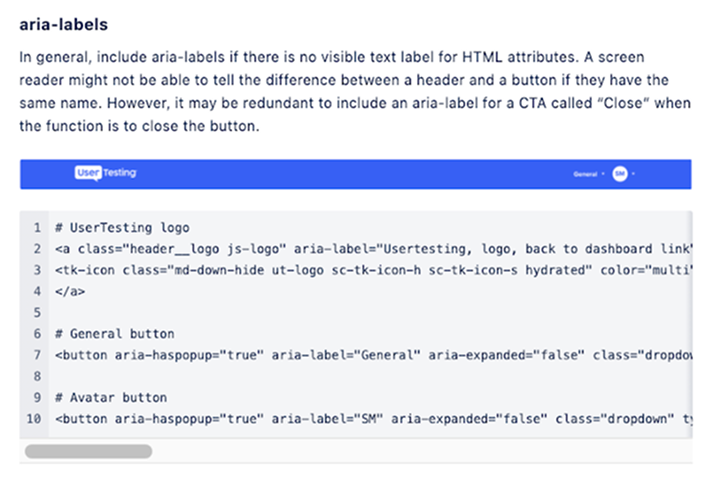 UserTesting accessibility style guide page on aria-labels, with a code example of labeled header buttons.