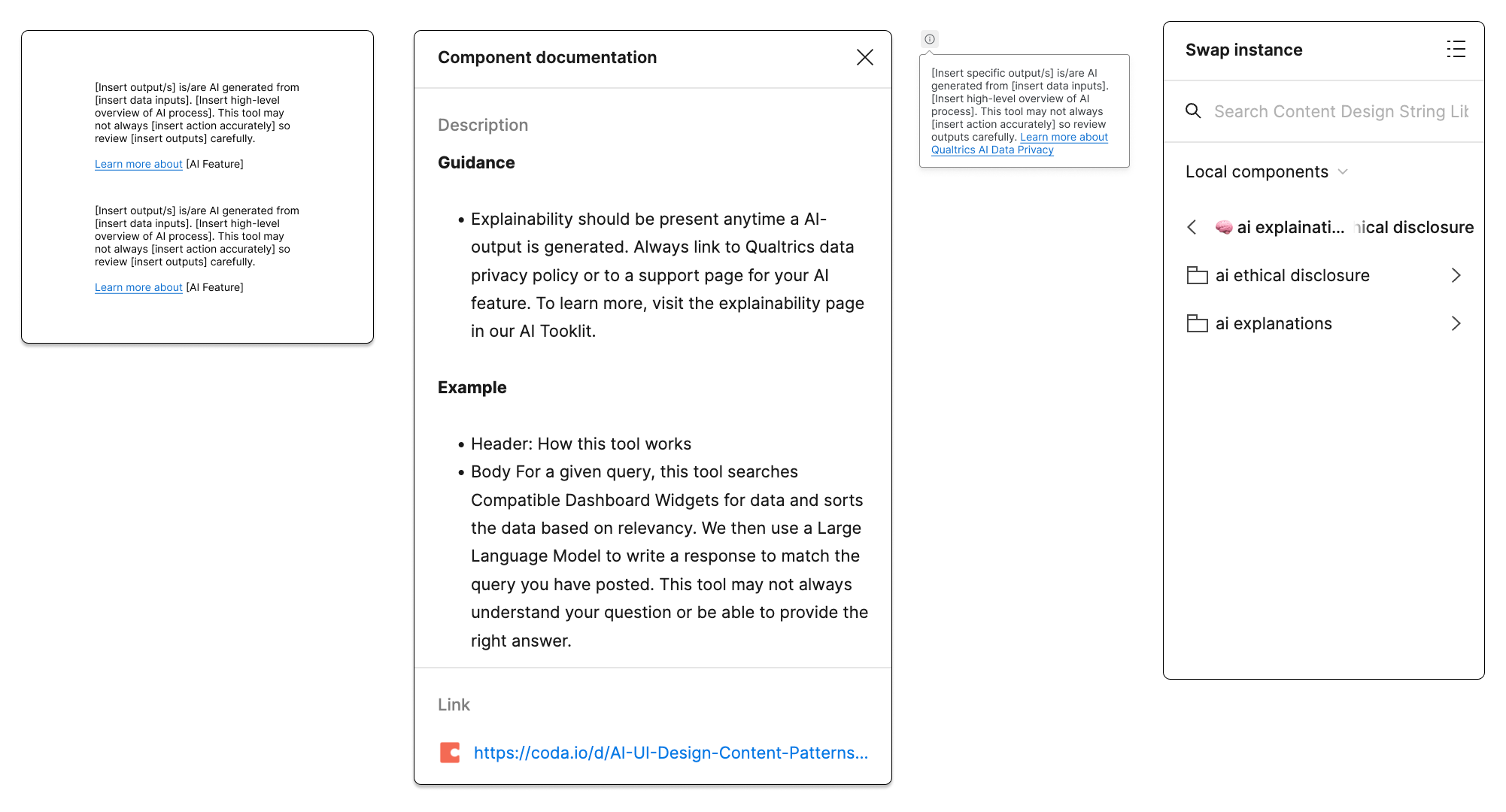 Qualtrics content design string library in Figma: AI disclosure string templates, component documentation with guidance and an example, and the swap instance panel.