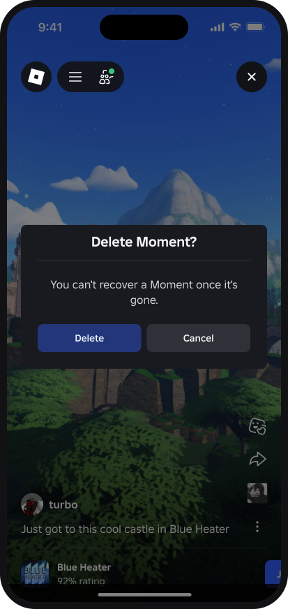 Dialog: Delete Moment? You can't recover a Moment once it's gone.