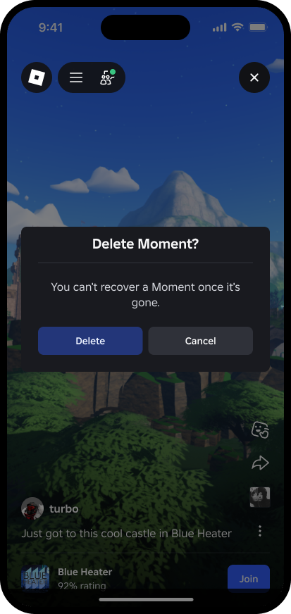 Dialog: Delete Moment? You can't recover a Moment once it's gone.