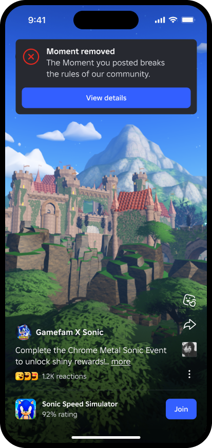 Toast: Moment removed. The Moment you posted breaks the rules of our community. View details.