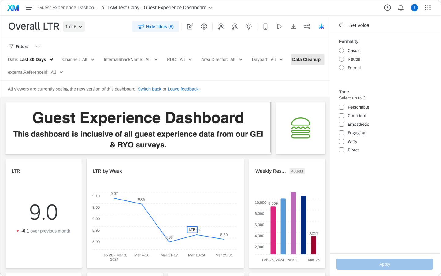 The original Set voice panel in Qualtrics Assist, open beside a Guest Experience dashboard: Formality as radio buttons (Casual, Neutral, Formal) and Tone as checkboxes, select up to 3 (Personable, Confident, Empathetic, Engaging, Witty, Direct), with an Apply button.