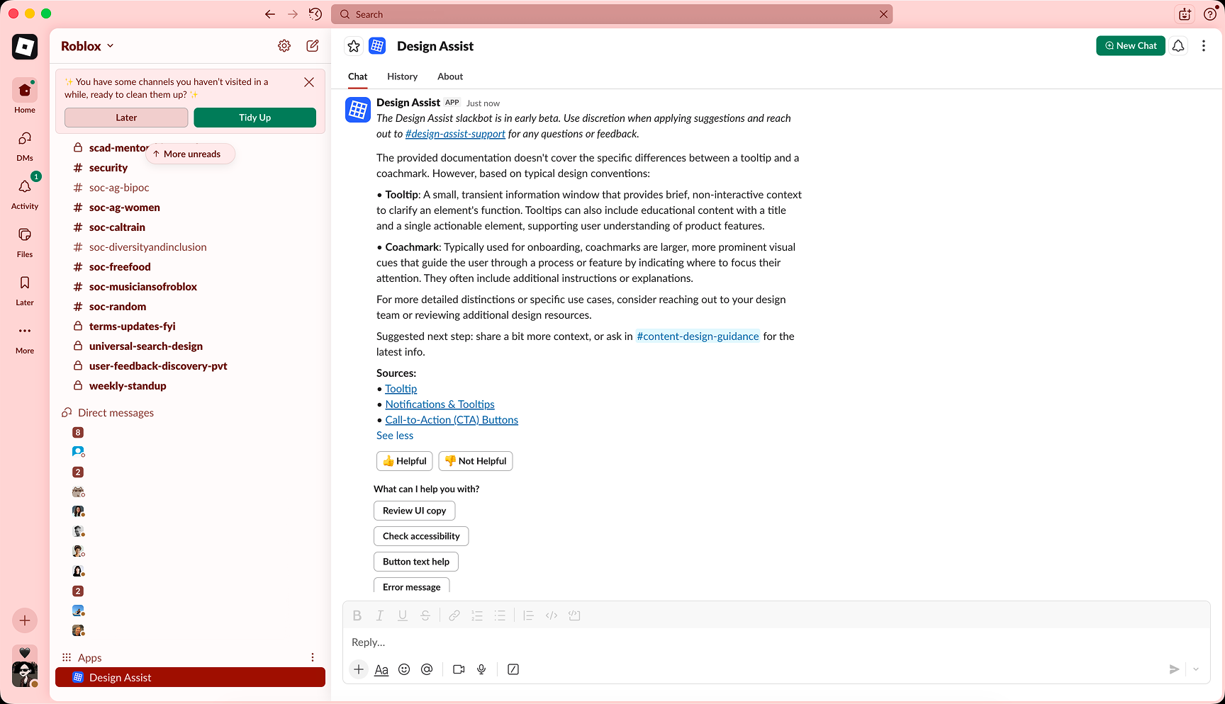 Design Assist app in Slack answering a question about when to use a tooltip versus a coachmark.