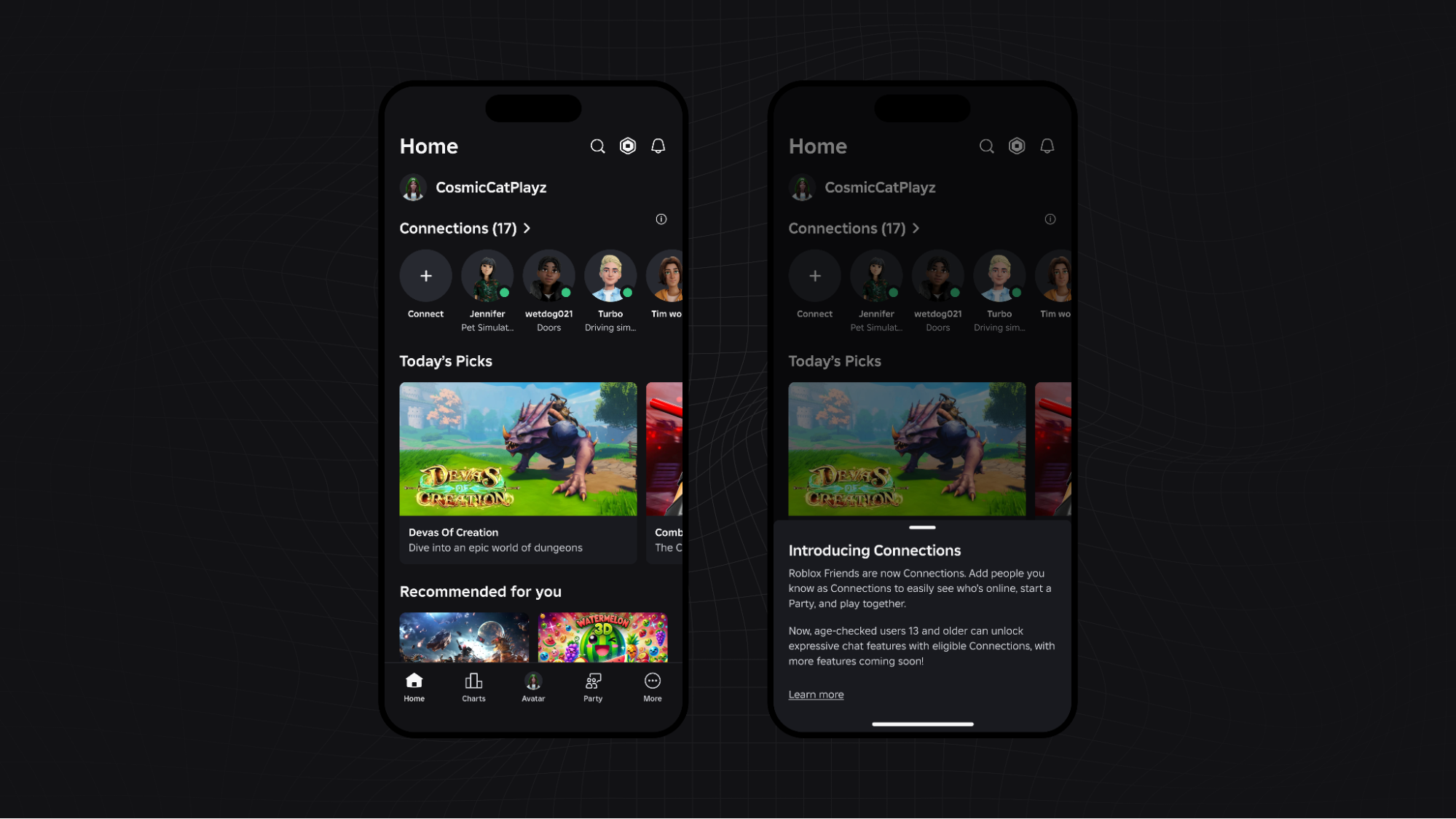 Two Roblox Home screens. Left: the Connections (17) row with a Connect button. Right: a sheet titled Introducing Connections explaining that Roblox Friends are now Connections and that age-checked users 13+ can unlock expressive chat.